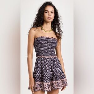 Sea Jasper Border Multicolor Print Strapless Smocked Cover Up Mini Dress Sz XXS